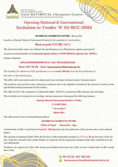 Opening National et International Invitation to Tender  N° 05/BCC/2024